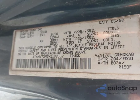 1998 Toyota Tacoma Base V6 из США, поврежденный, VIN 4TAWN72N7WZ138552